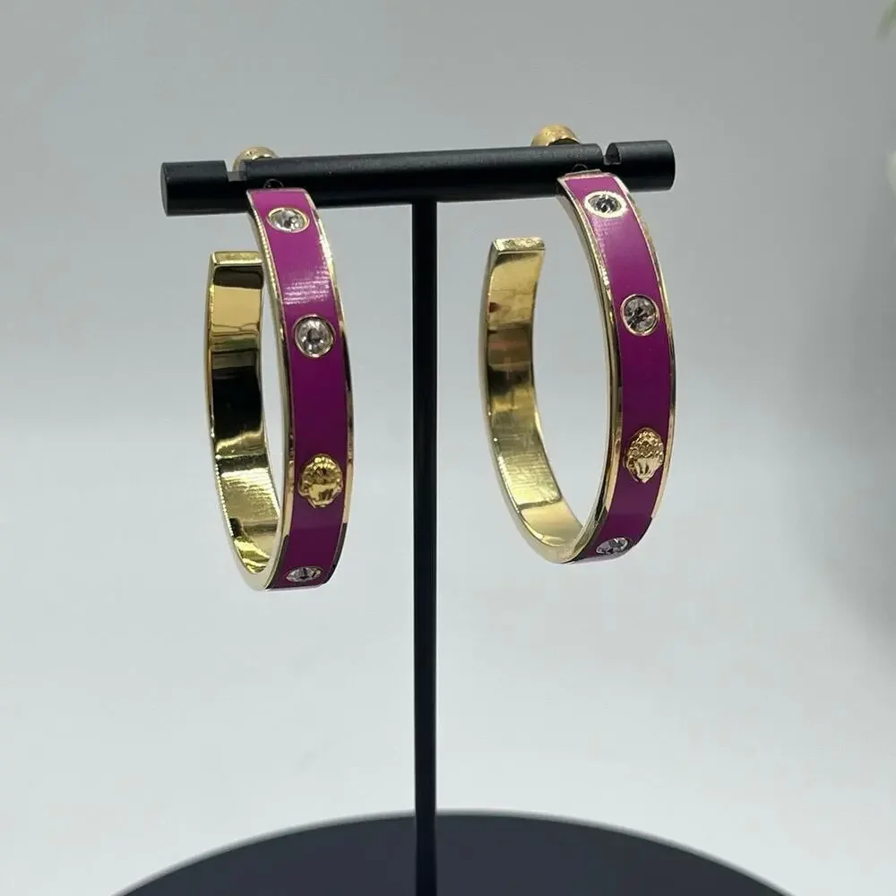 Kurt Geiger‎ Signed Fuchsia Enamel Eagle & Crystal Hoop Post Earrings